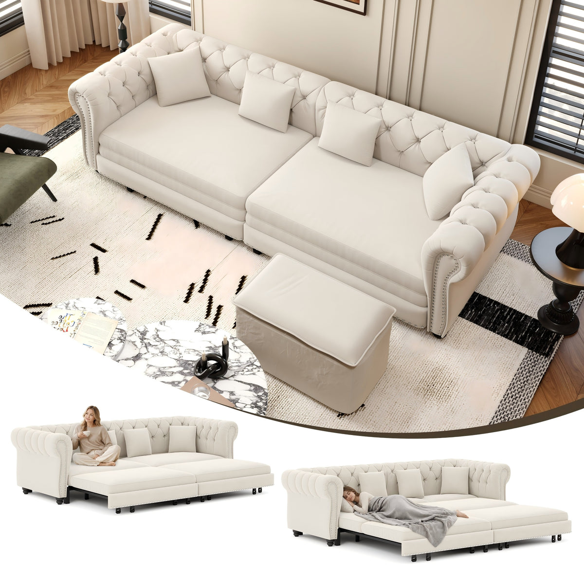 89" 3-Seater Velvet Chesterfield Sofa Bed with Movable Ottoman