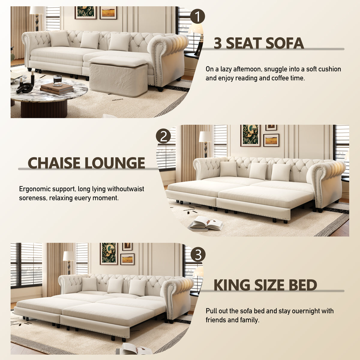 89" 3-Seater Velvet Chesterfield Sofa Bed with Movable Ottoman