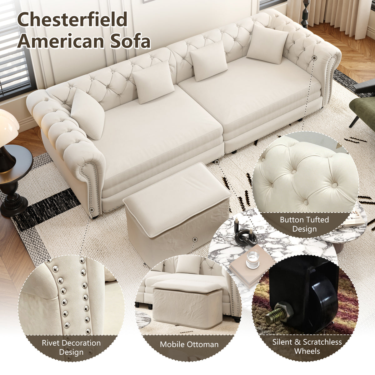 89" 3-Seater Velvet Chesterfield Sofa Bed with Movable Ottoman