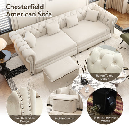 89" 3-Seater Velvet Chesterfield Sofa Bed with Movable Ottoman