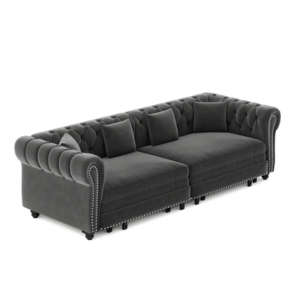 89" 3-Seater Velvet Chesterfield Sofa Bed with Movable Ottoman