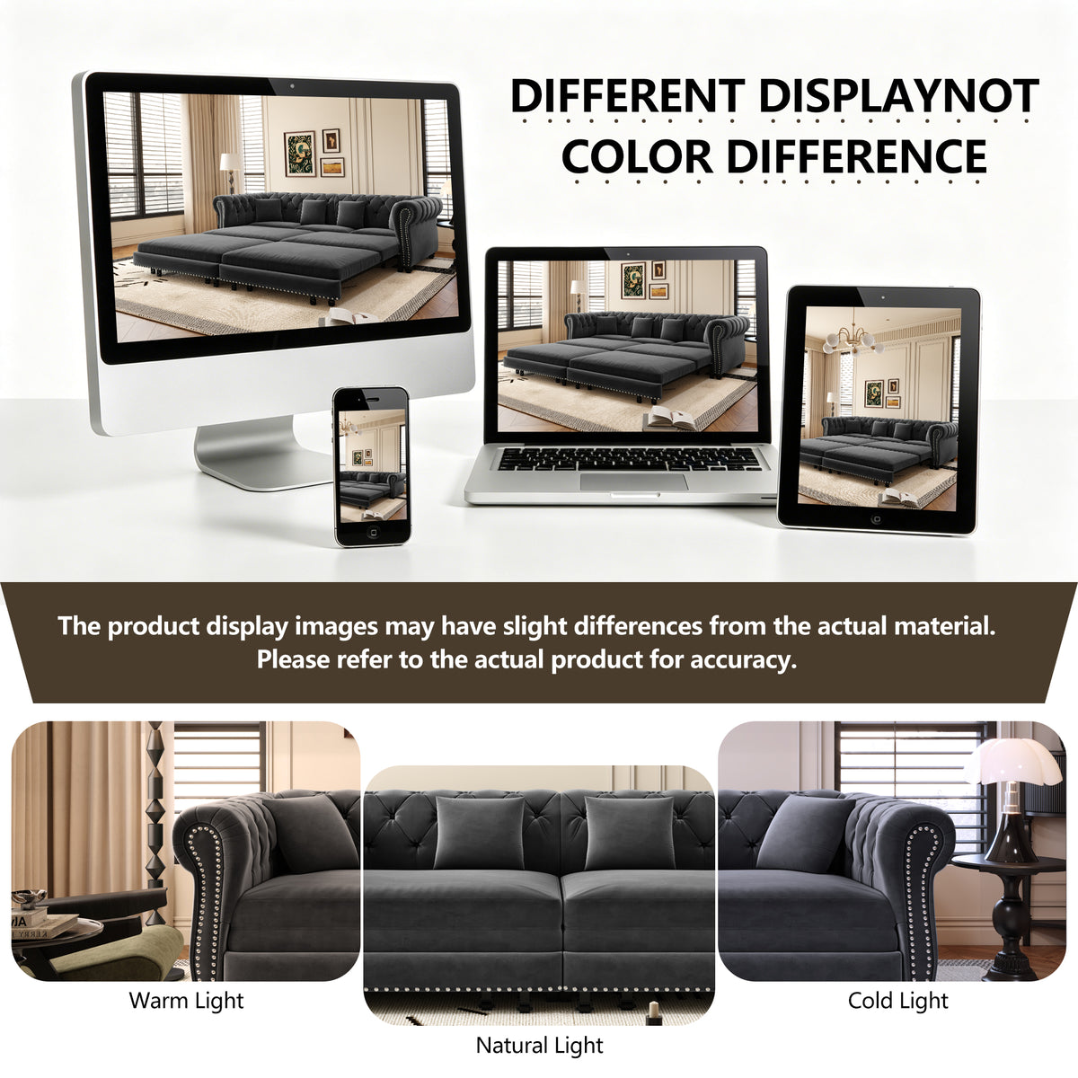 89" 3-Seater Velvet Chesterfield Sofa Bed with Movable Ottoman
