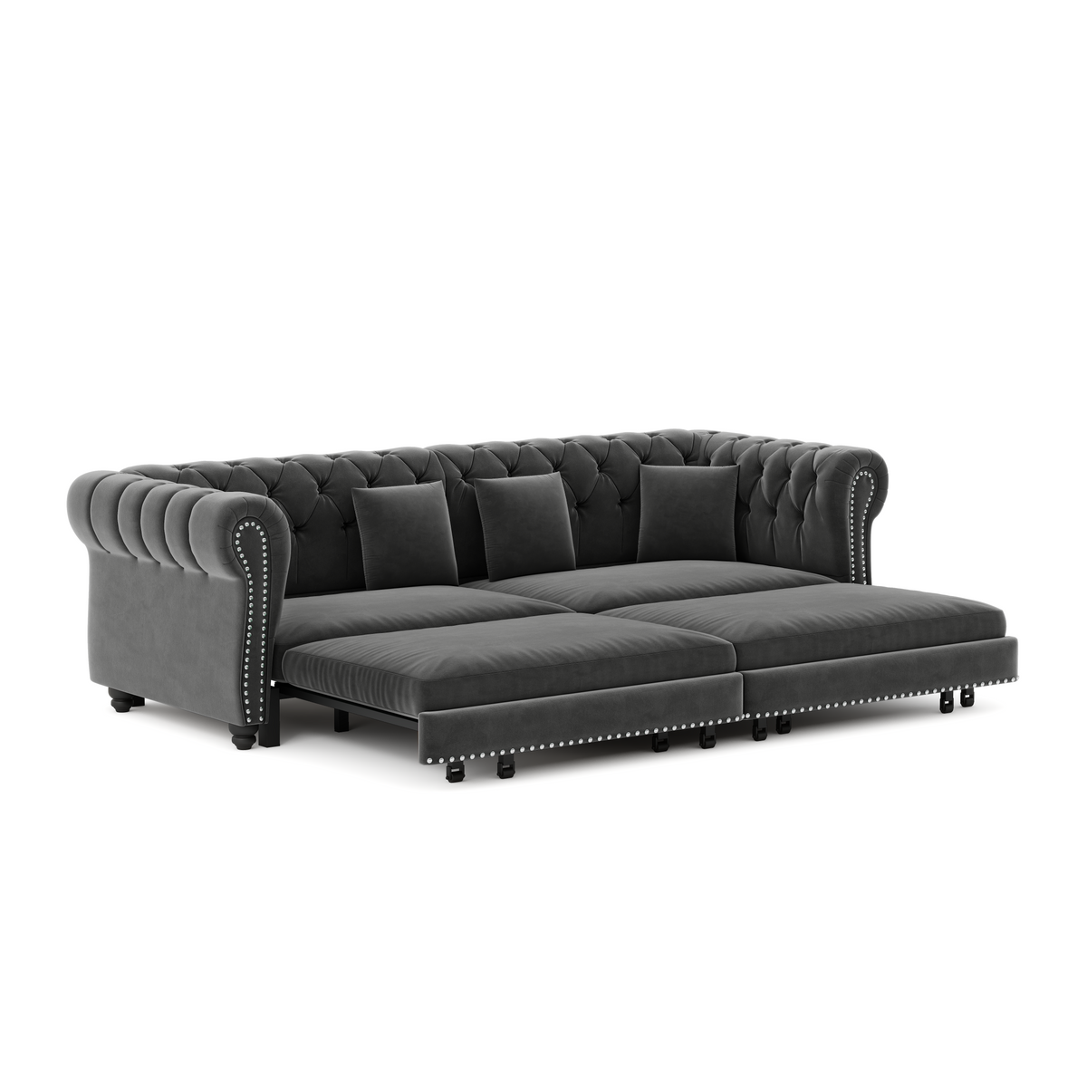 89" 3-Seater Velvet Chesterfield Sofa Bed with Movable Ottoman