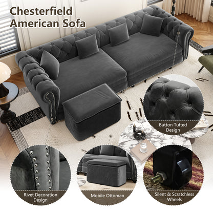 89" 3-Seater Velvet Chesterfield Sofa Bed with Movable Ottoman