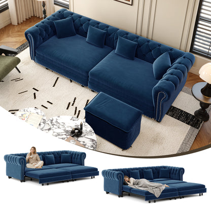 89" 3-Seater Velvet Chesterfield Sofa Bed with Movable Ottoman