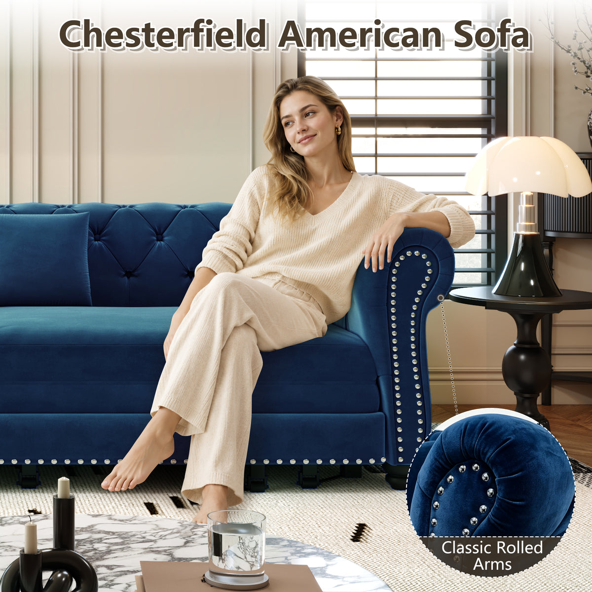 89" 3-Seater Velvet Chesterfield Sofa Bed with Movable Ottoman