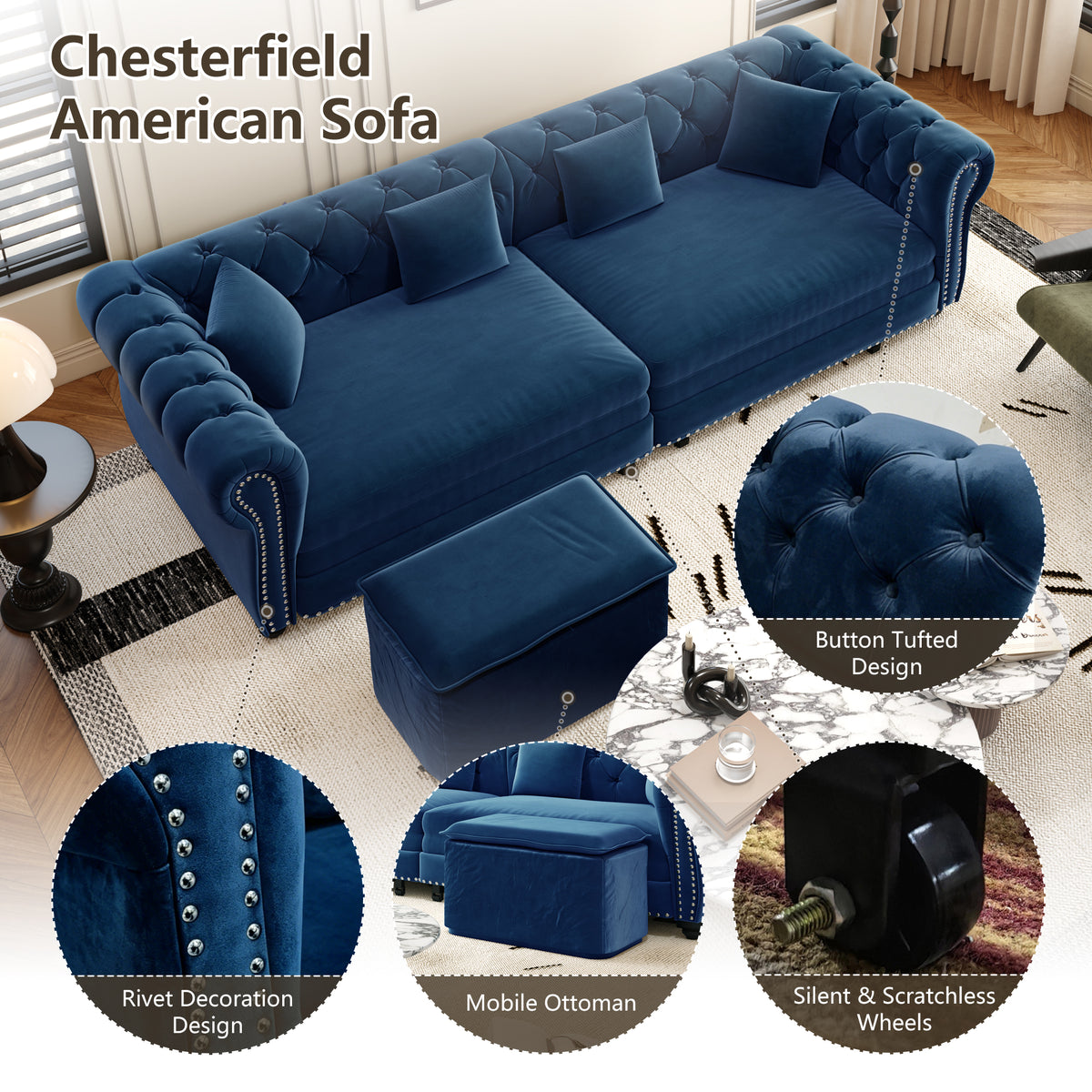 89" 3-Seater Velvet Chesterfield Sofa Bed with Movable Ottoman