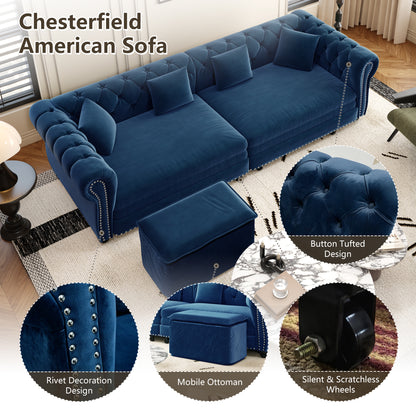 89" 3-Seater Velvet Chesterfield Sofa Bed with Movable Ottoman