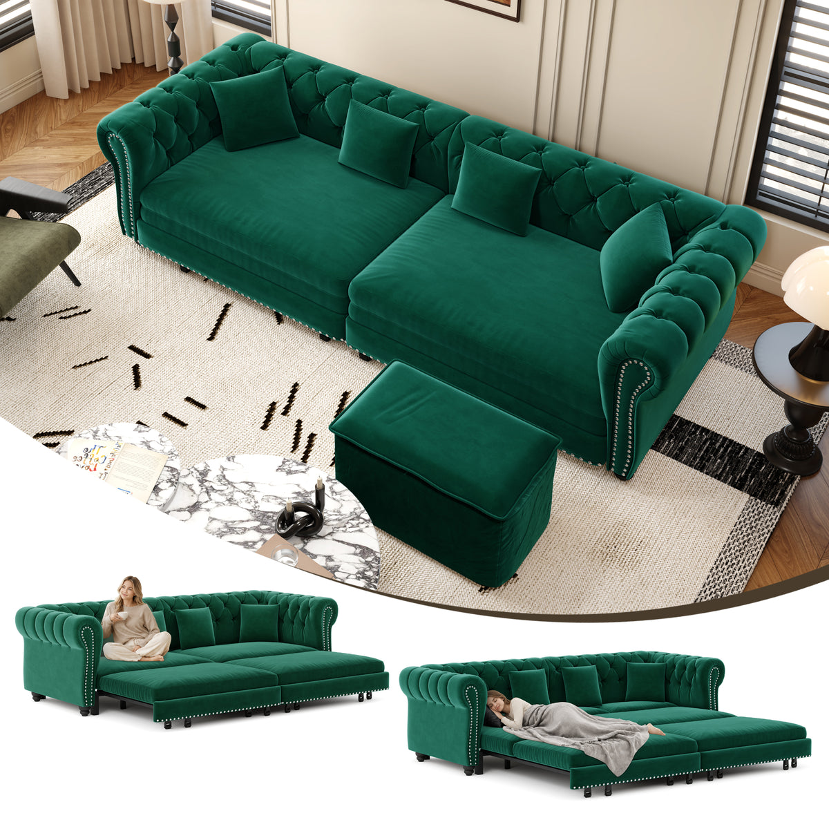 89" 3-Seater Velvet Chesterfield Sofa Bed with Movable Ottoman