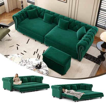 89" 3-Seater Velvet Chesterfield Sofa Bed with Movable Ottoman