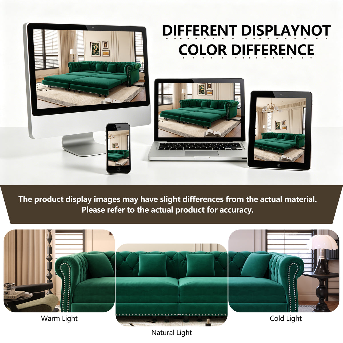 89" 3-Seater Velvet Chesterfield Sofa Bed with Movable Ottoman