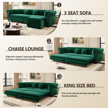89" 3-Seater Velvet Chesterfield Sofa Bed with Movable Ottoman