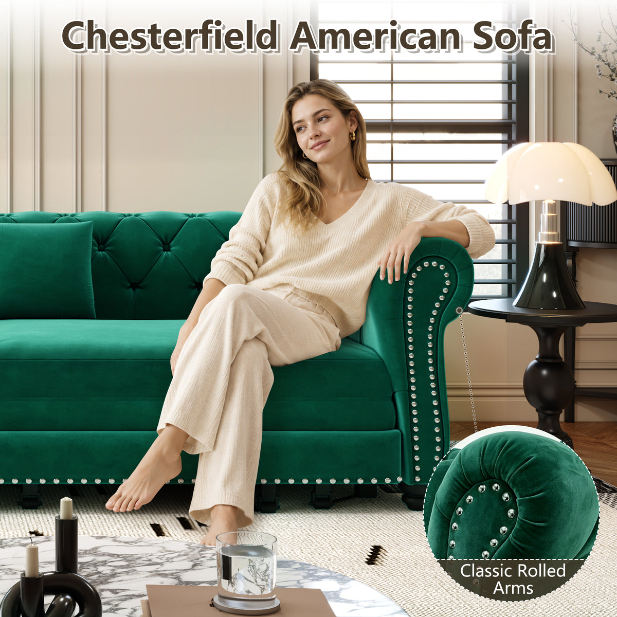 89" 3-Seater Velvet Chesterfield Sofa Bed with Movable Ottoman