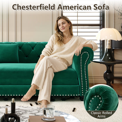 89" 3-Seater Velvet Chesterfield Sofa Bed with Movable Ottoman