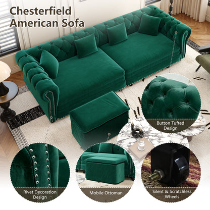 89" 3-Seater Velvet Chesterfield Sofa Bed with Movable Ottoman