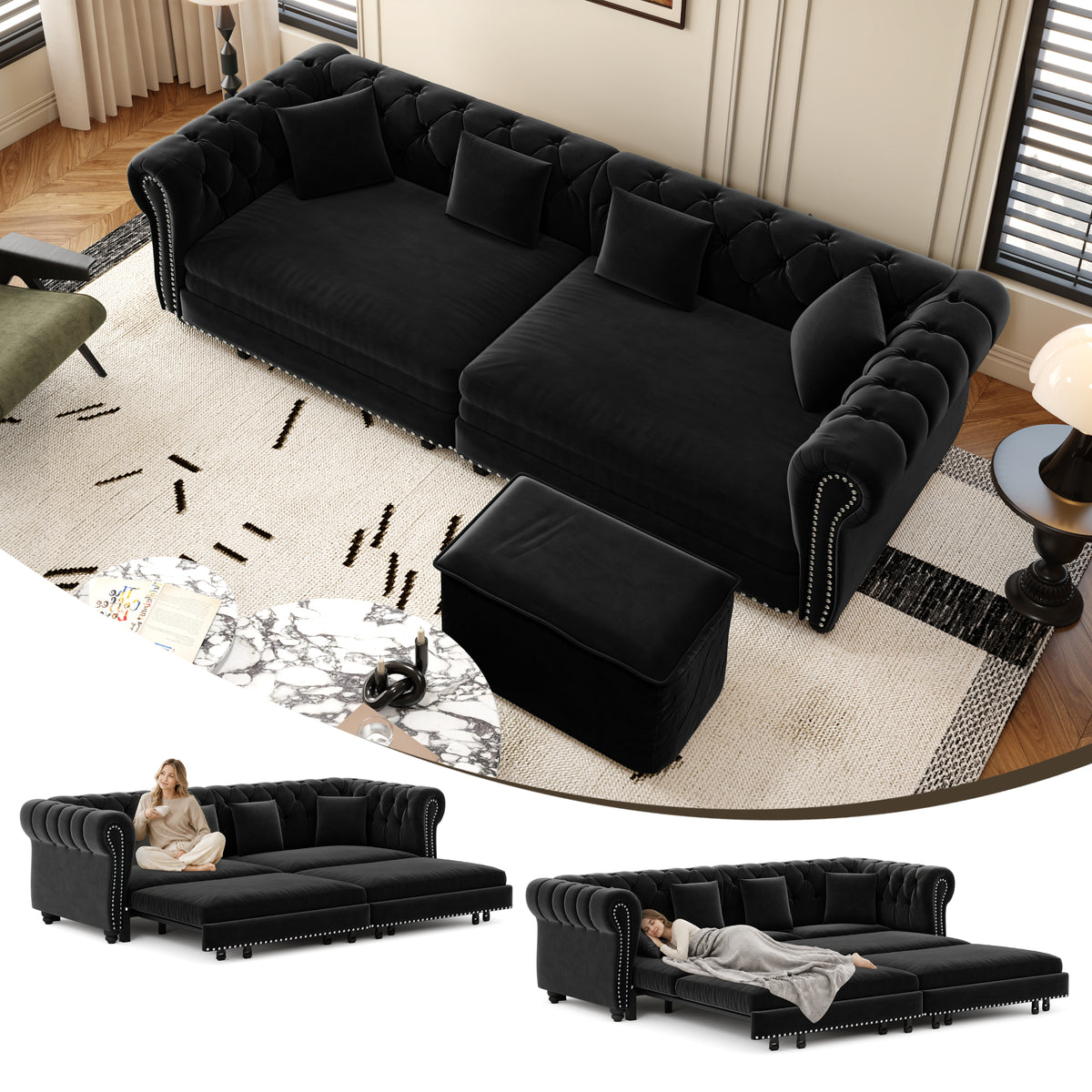 89" 3-Seater Velvet Chesterfield Sofa Bed with Movable Ottoman