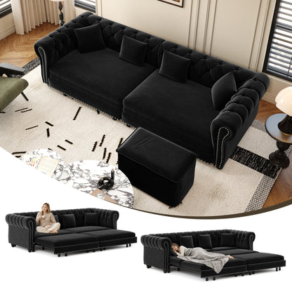 89" 3-Seater Velvet Chesterfield Sofa Bed with Movable Ottoman