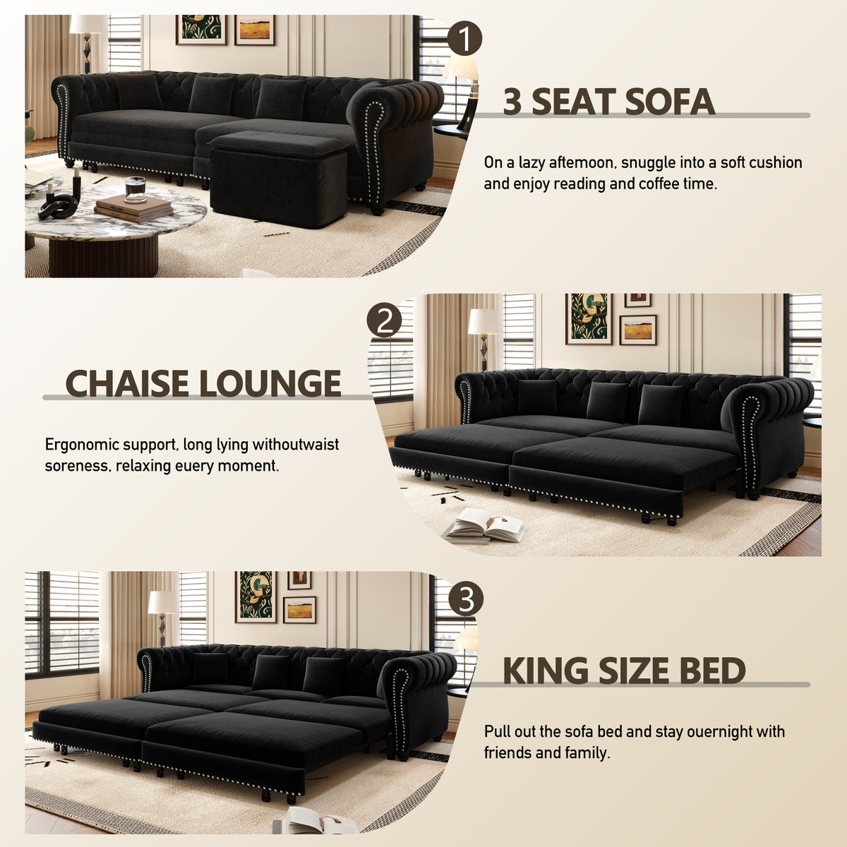 89" 3-Seater Velvet Chesterfield Sofa Bed with Movable Ottoman