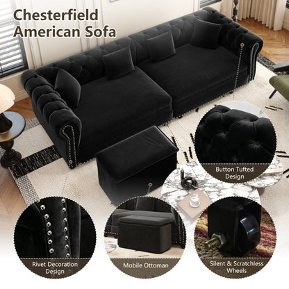 89" 3-Seater Velvet Chesterfield Sofa Bed with Movable Ottoman