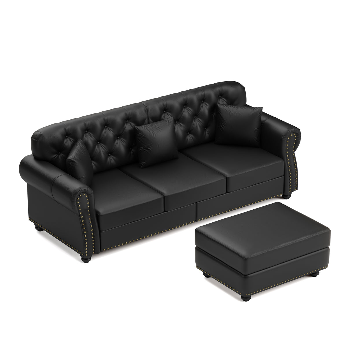 82.6" Faux Leather Chesterfield Sofa, Rolled Armrests, Nailhead Trim & Button Tufting, 3 Pillows