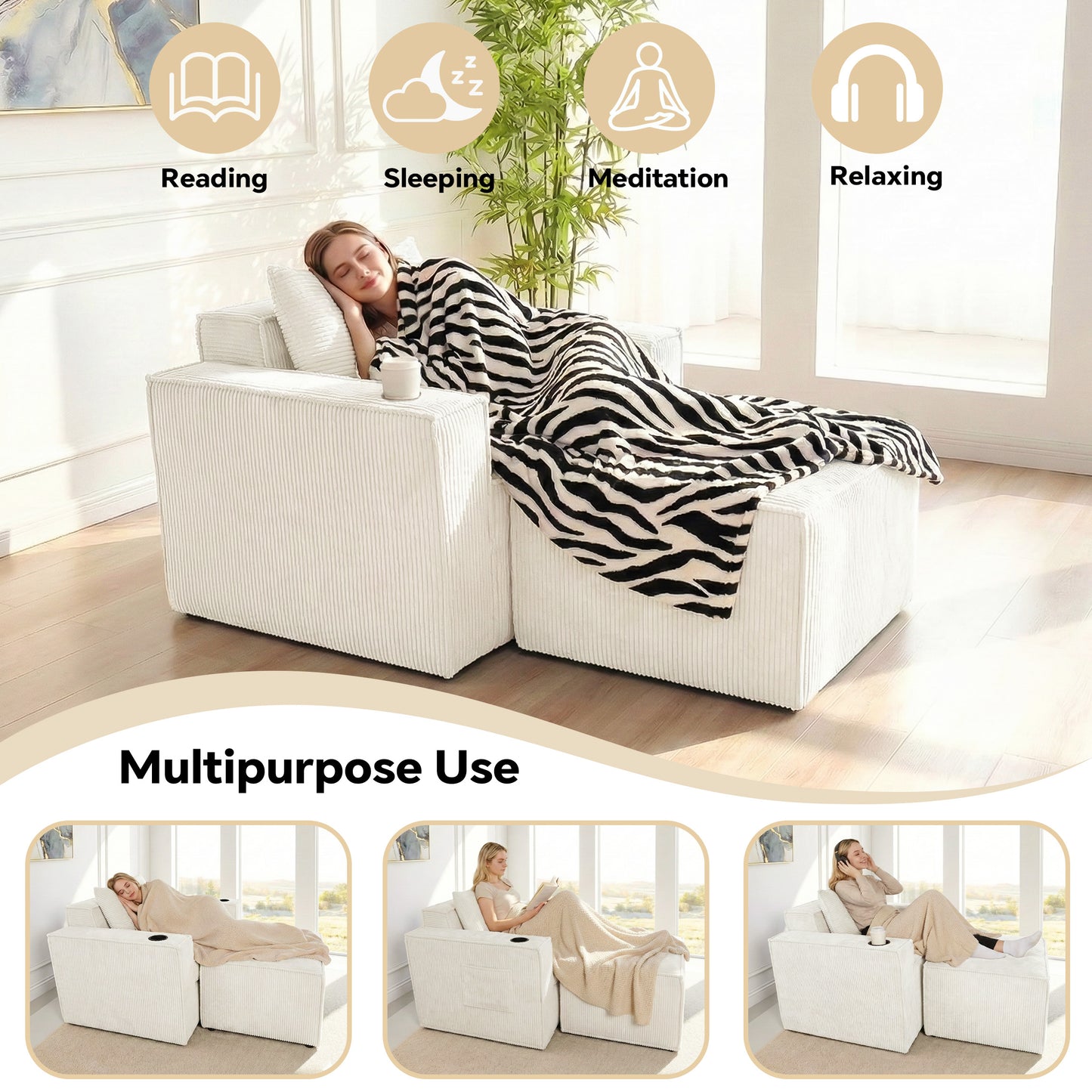 White Single Sofa Chair with Cup Holders Foot Support - No Assembly Required, Self-Expanding Corduroy Lounge Chair for Living Room