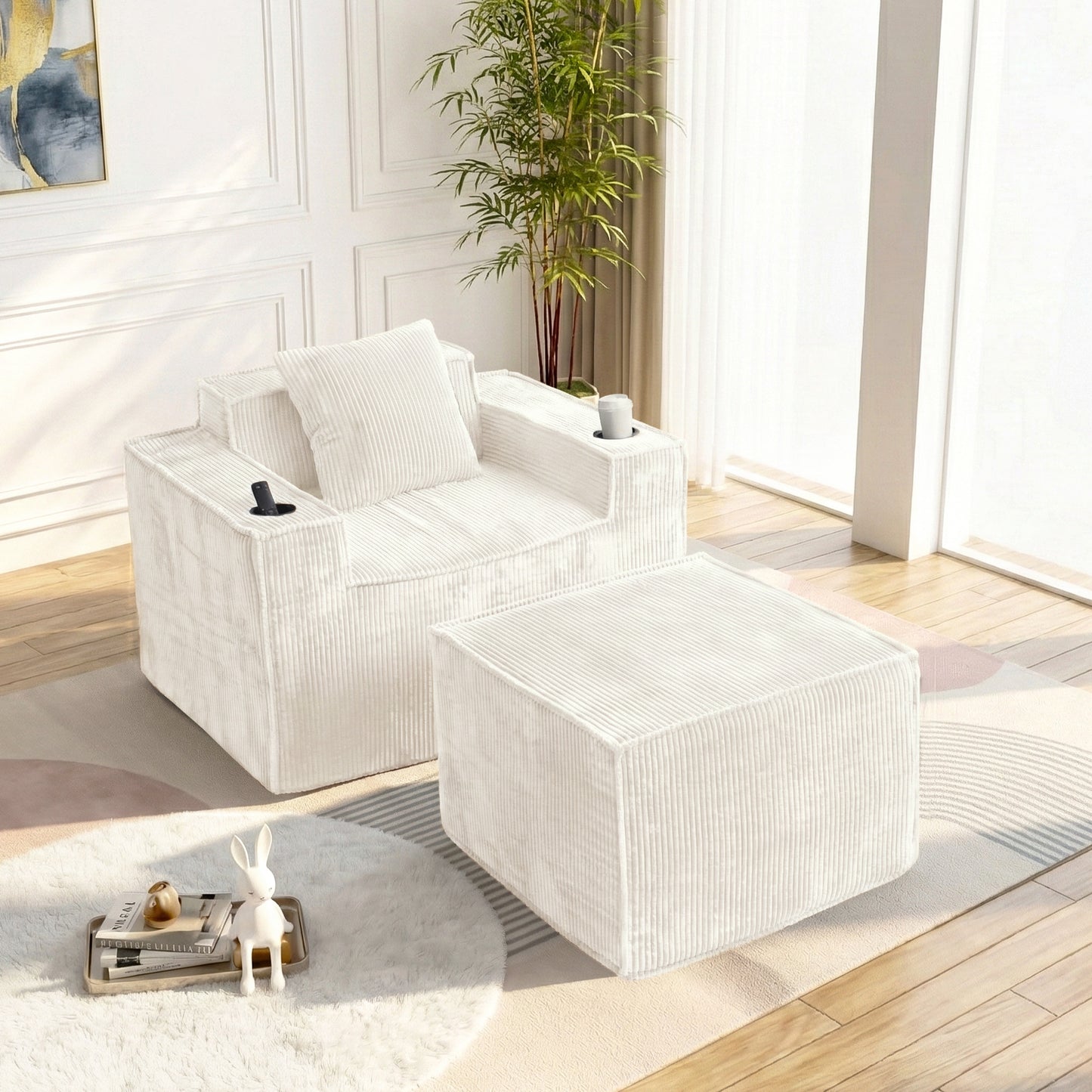 White Single Sofa Chair with Cup Holders Foot Support - No Assembly Required, Self-Expanding Corduroy Lounge Chair for Living Room