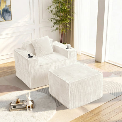 White Single Sofa Chair with Cup Holders Foot Support - No Assembly Required, Self-Expanding Corduroy Lounge Chair for Living Room