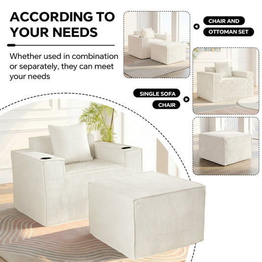 White Single Sofa Chair with Cup Holders Foot Support - No Assembly Required, Self-Expanding Corduroy Lounge Chair for Living Room