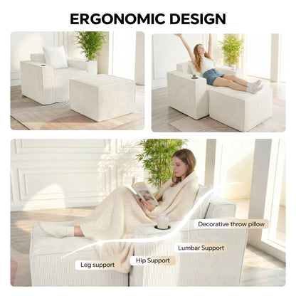 White Single Sofa Chair with Cup Holders Foot Support - No Assembly Required, Self-Expanding Corduroy Lounge Chair for Living Room