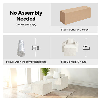 White Single Sofa Chair with Cup Holders Foot Support - No Assembly Required, Self-Expanding Corduroy Lounge Chair for Living Room