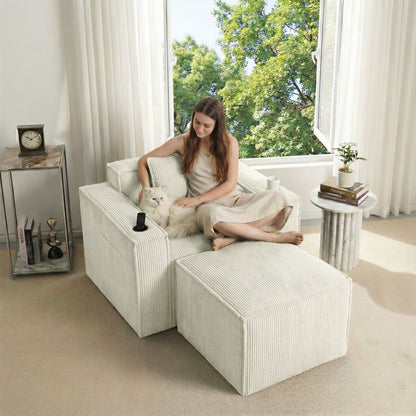 White Single Sofa Chair with Cup Holders Foot Support - No Assembly Required, Self-Expanding Corduroy Lounge Chair for Living Room
