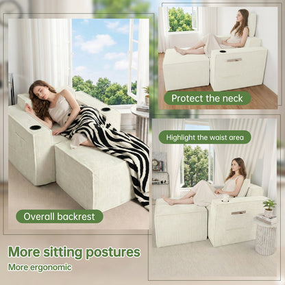 White Single Sofa Chair with Cup Holders Foot Support - No Assembly Required, Self-Expanding Corduroy Lounge Chair for Living Room