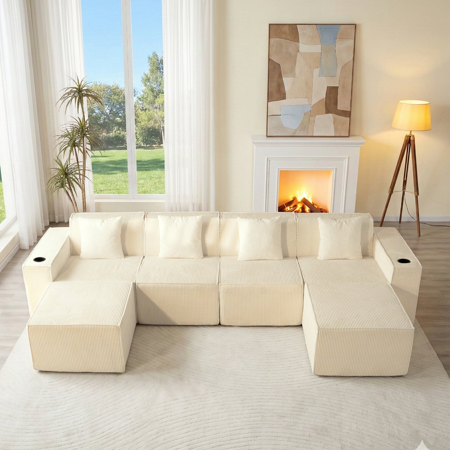 White Modular U-Shaped Corduroy Sectional Sofa 6-Seat Lounge with Cup Holders