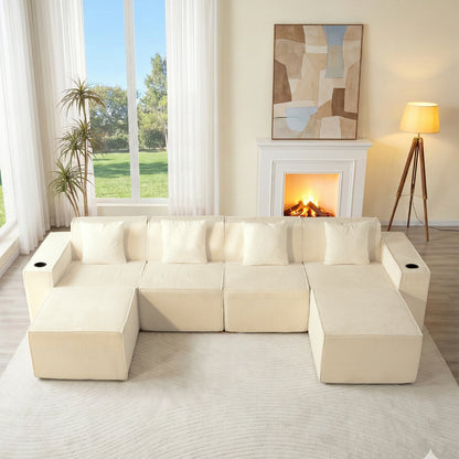 White Modular U-Shaped Corduroy Sectional Sofa 6-Seat Lounge with Cup Holders