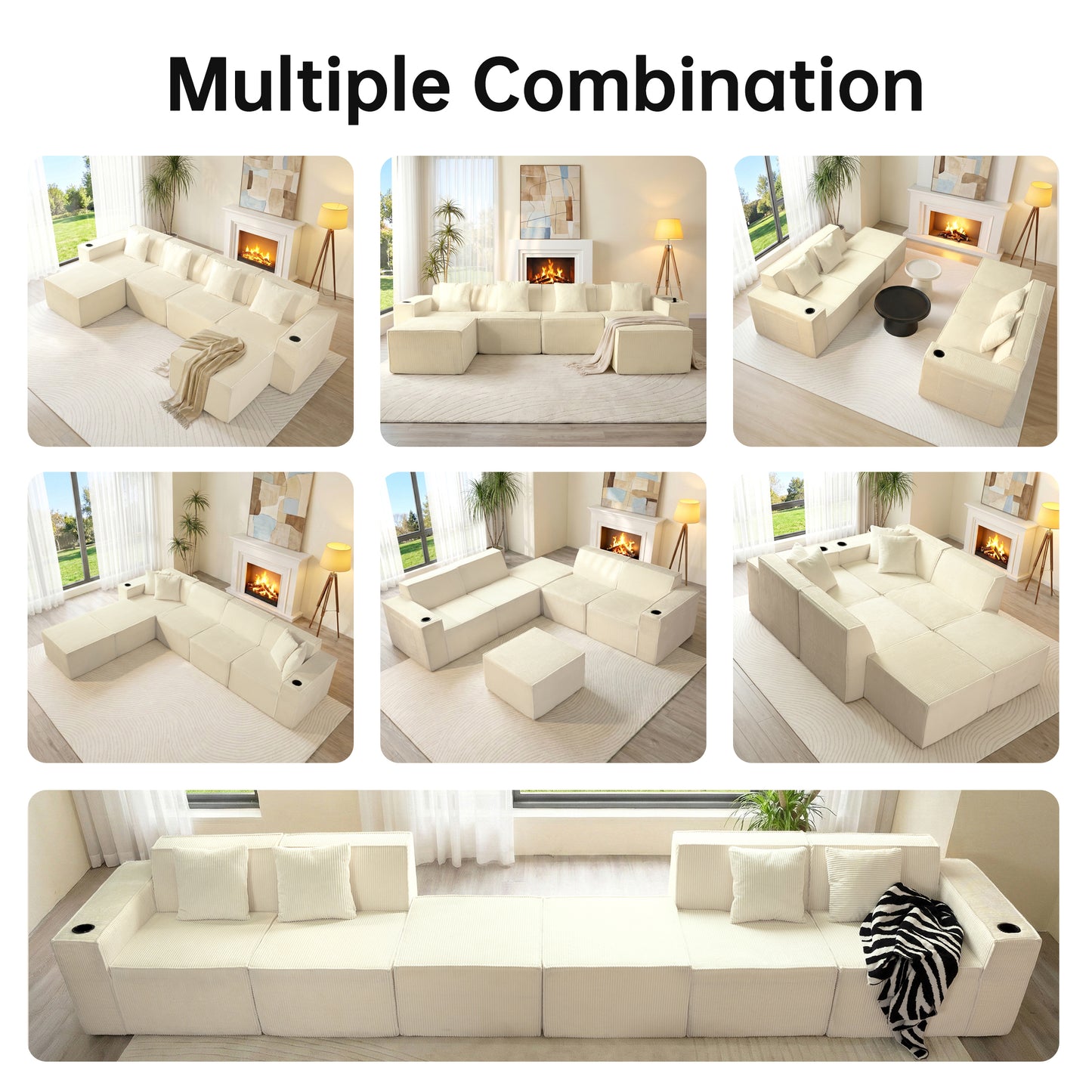 White Modular U-Shaped Corduroy Sectional Sofa 6-Seat Lounge with Cup Holders