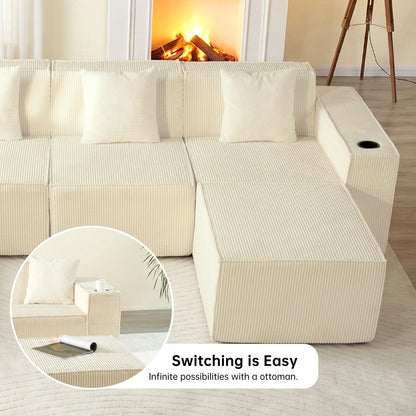 White Modular U-Shaped Corduroy Sectional Sofa 6-Seat Lounge with Cup Holders