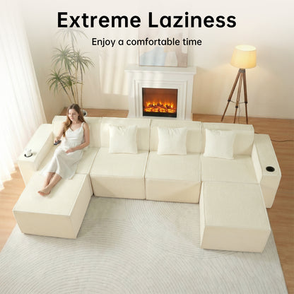 White Modular U-Shaped Corduroy Sectional Sofa 6-Seat Lounge with Cup Holders