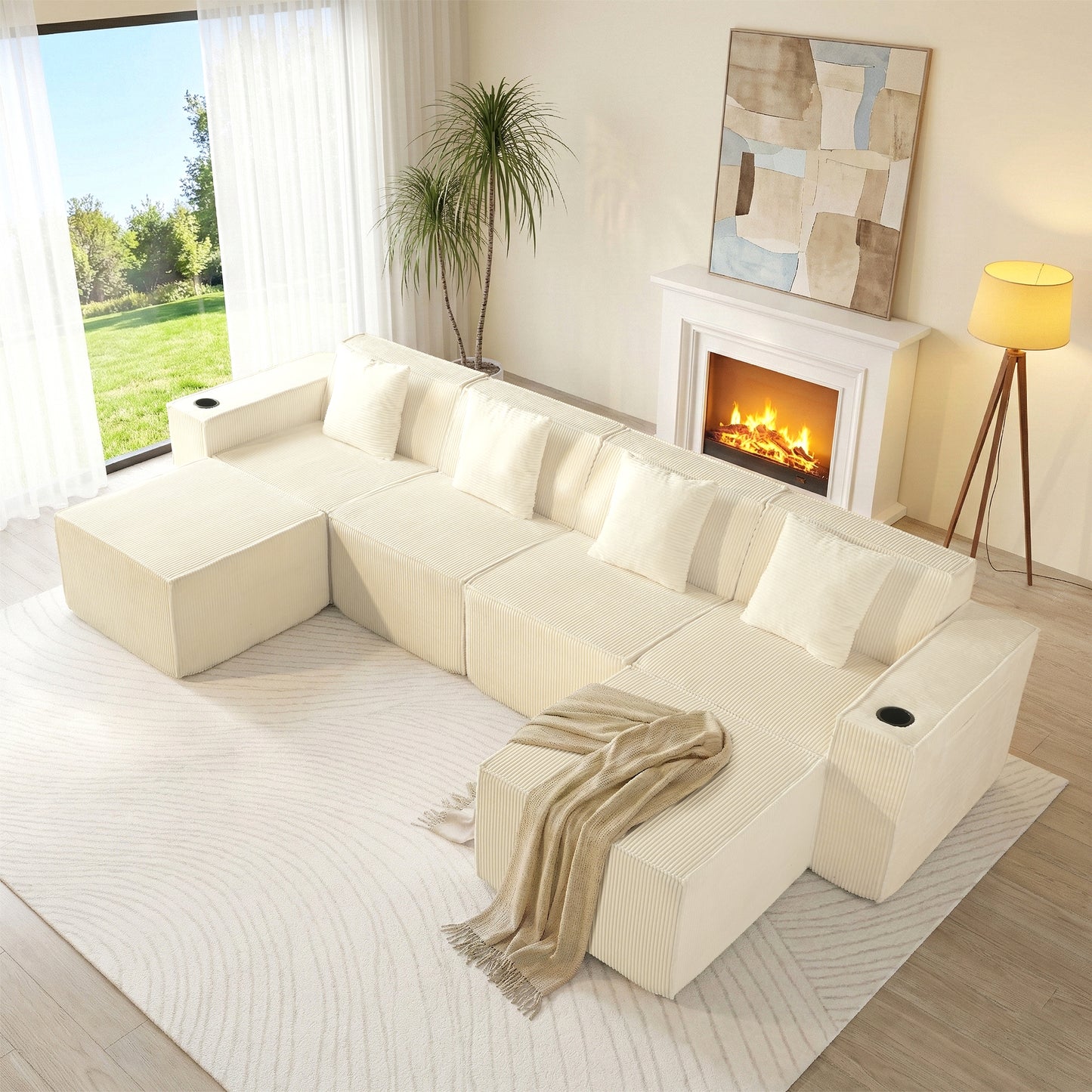 White Modular U-Shaped Corduroy Sectional Sofa 6-Seat Lounge with Cup Holders