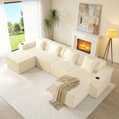 White Modular U-Shaped Corduroy Sectional Sofa 6-Seat Lounge with Cup Holders