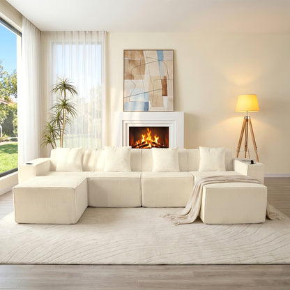 White Modular U-Shaped Corduroy Sectional Sofa 6-Seat Lounge with Cup Holders