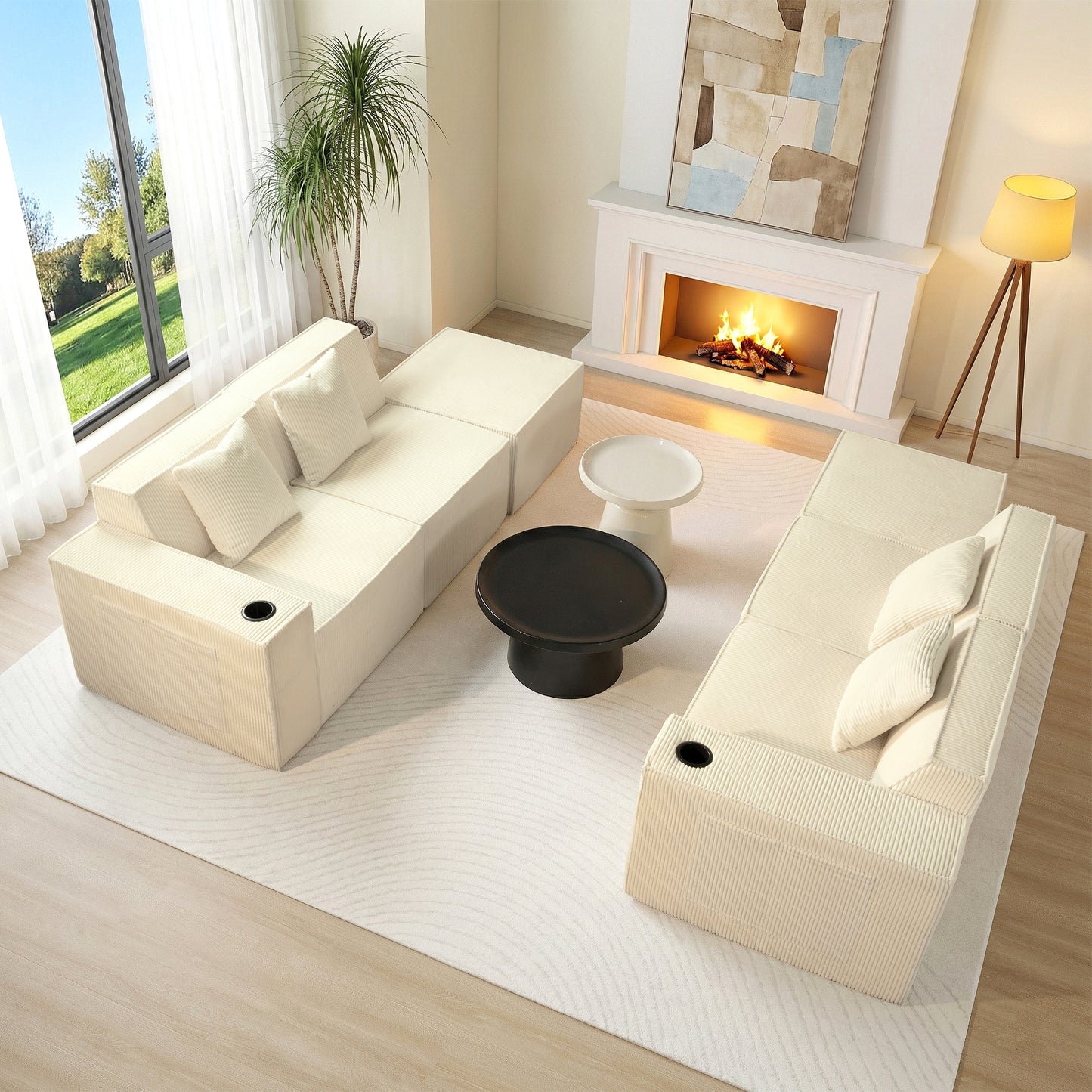 White Modular U-Shaped Corduroy Sectional Sofa 6-Seat Lounge with Cup Holders