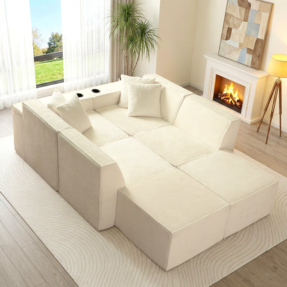 White Modular U-Shaped Corduroy Sectional Sofa 6-Seat Lounge with Cup Holders