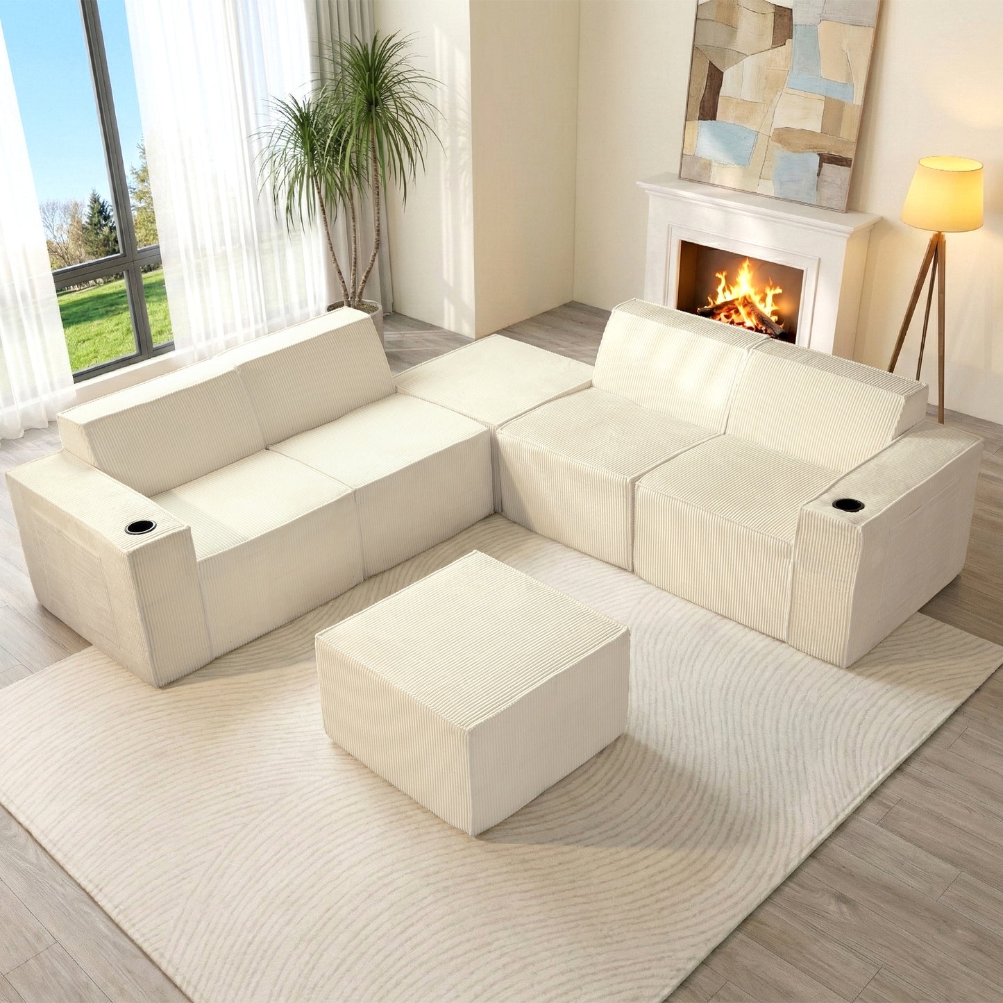 White Modular U-Shaped Corduroy Sectional Sofa 6-Seat Lounge with Cup Holders