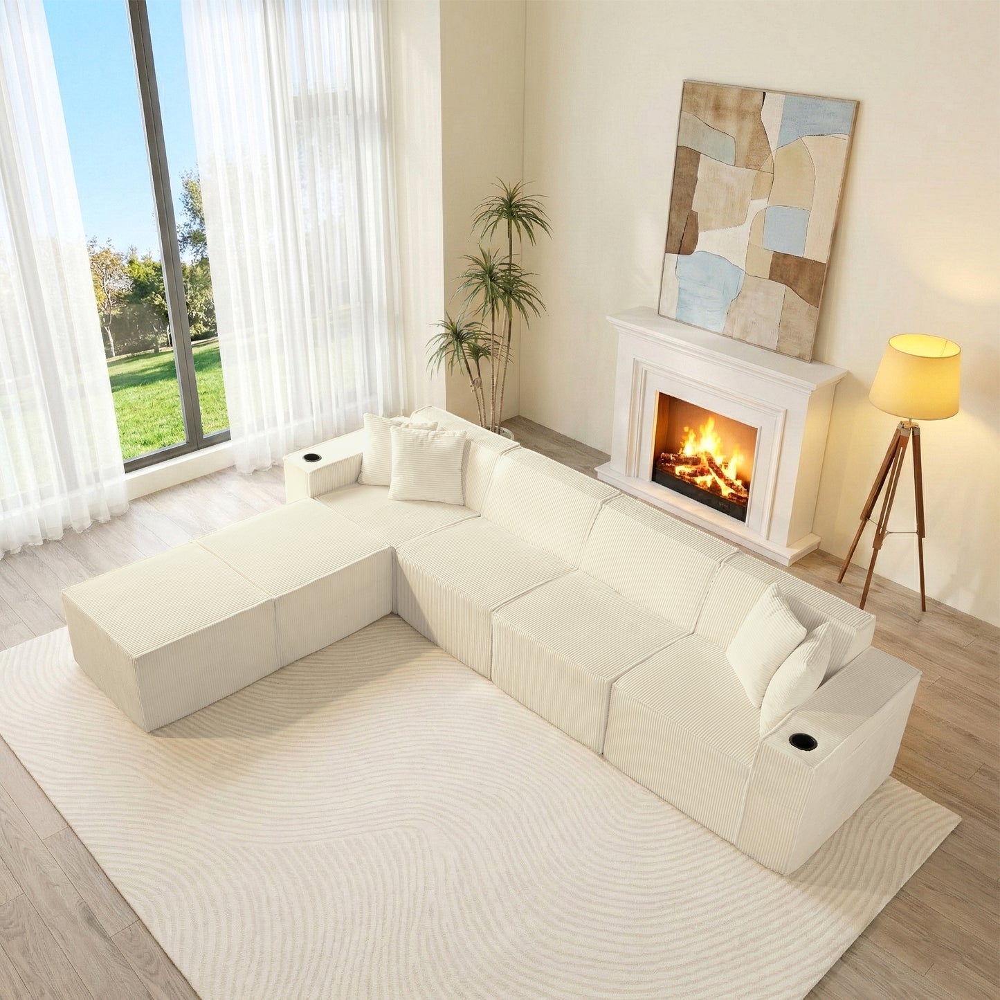 White Modular U-Shaped Corduroy Sectional Sofa 6-Seat Lounge with Cup Holders
