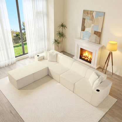 White Modular U-Shaped Corduroy Sectional Sofa 6-Seat Lounge with Cup Holders