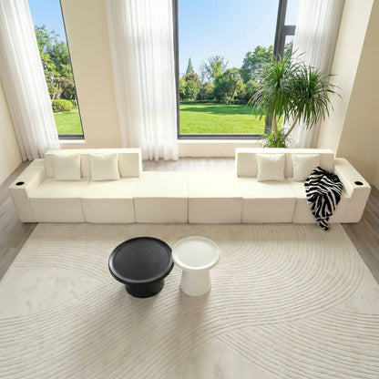 White Modular U-Shaped Corduroy Sectional Sofa 6-Seat Lounge with Cup Holders