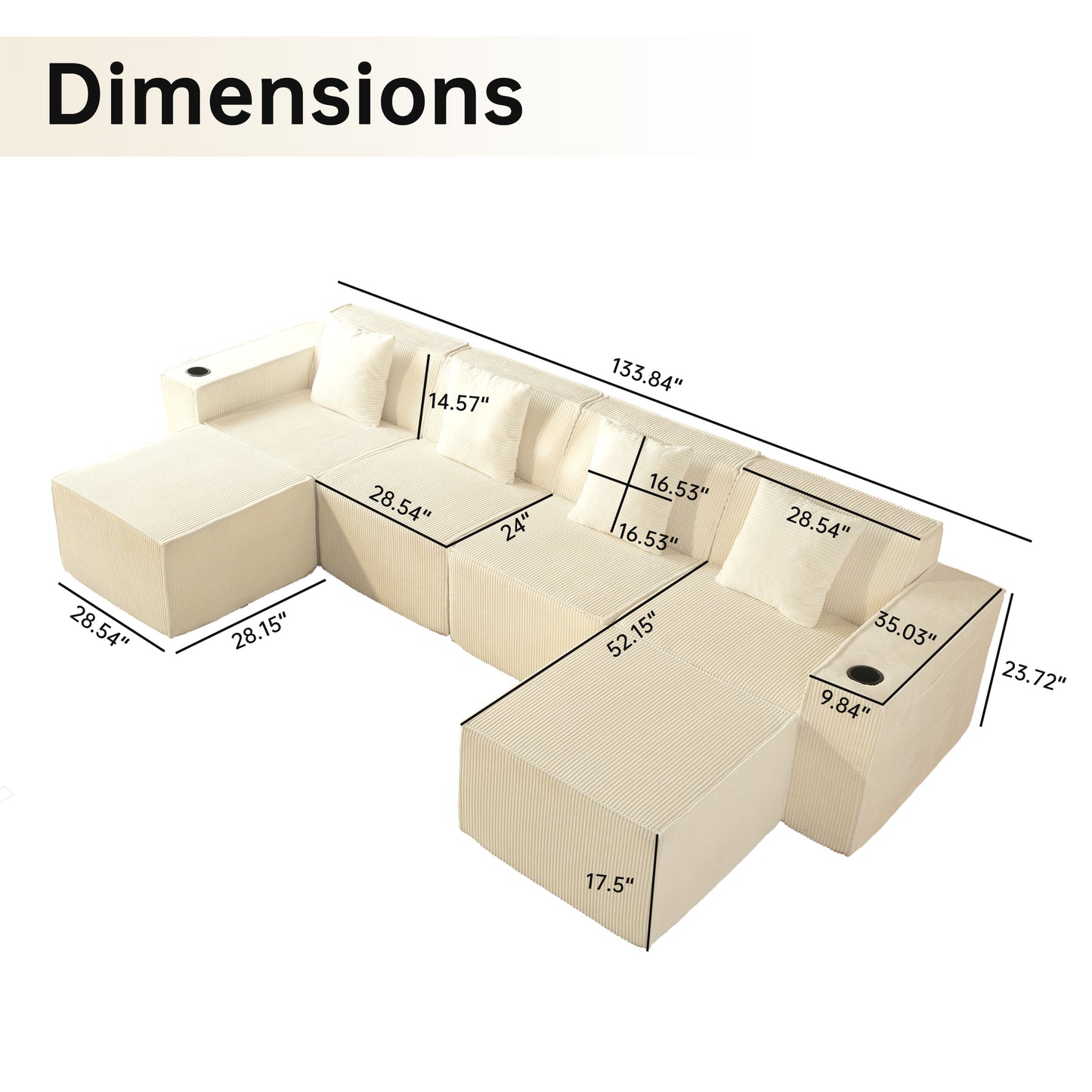 White Modular U-Shaped Corduroy Sectional Sofa 6-Seat Lounge with Cup Holders