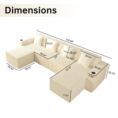 White Modular U-Shaped Corduroy Sectional Sofa 6-Seat Lounge with Cup Holders