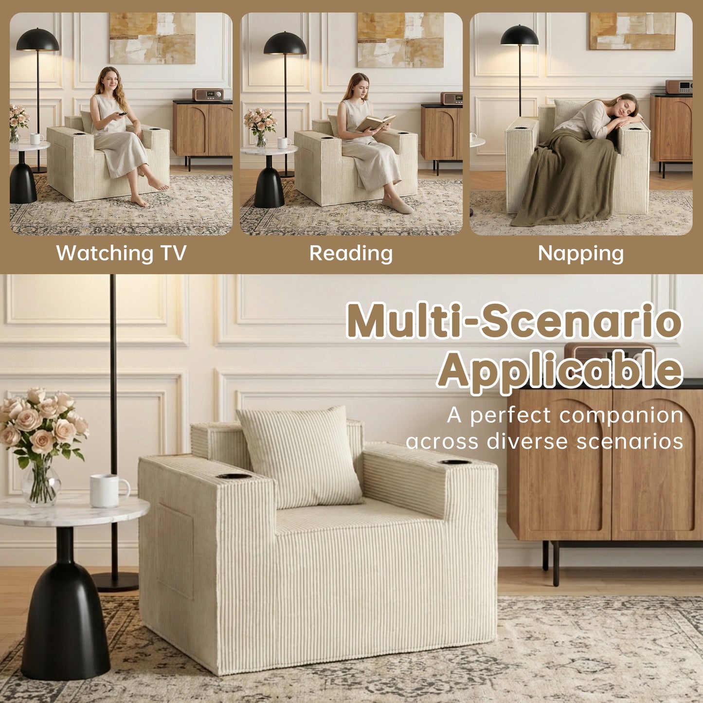 Beige Soft Corduroy Single Armchair – Self-Expanding, Lumbar Support, Living Room Relaxation