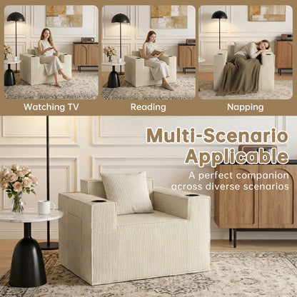 Beige Soft Corduroy Single Armchair – Self-Expanding, Lumbar Support, Living Room Relaxation